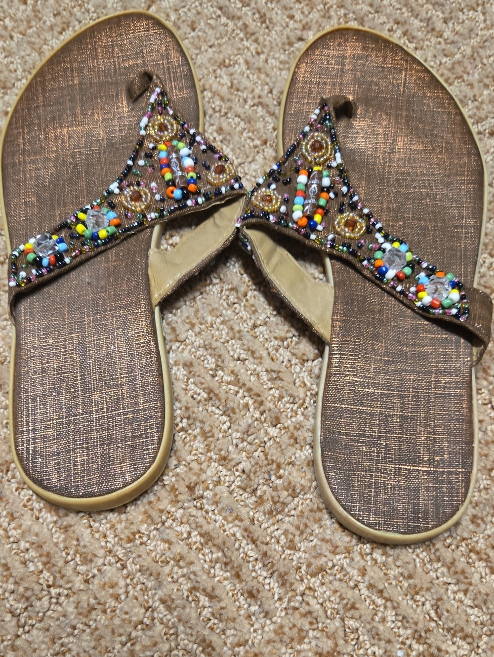 Women's Beaded Brown T-Strap Sandals - Casual Summer Slip-On